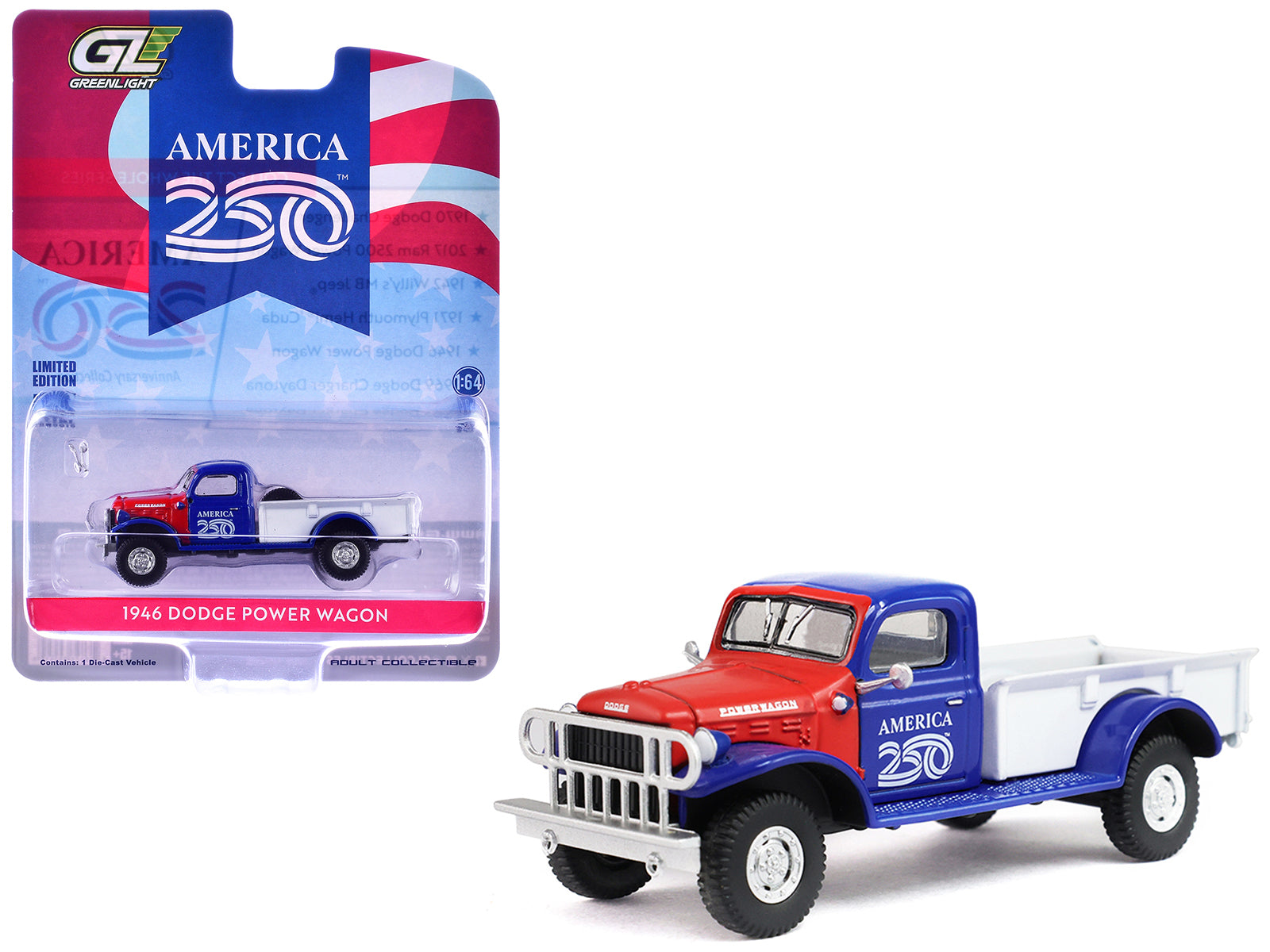 1946 Dodge Power Wagon Pickup Truck Red White and Blue "America 250 Edition" "Anniversary Collection" Series 18 1/64 Diecast Model Car by Greenlight