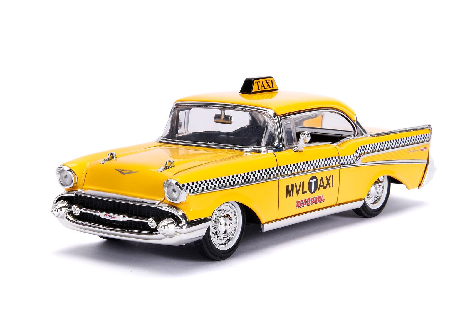 1957 Chevrolet Bel Air Taxi Yellow with Deadpool Diecast Figurine "Marvel" Series 1/24 Diecast Model Car by Jada - image 2