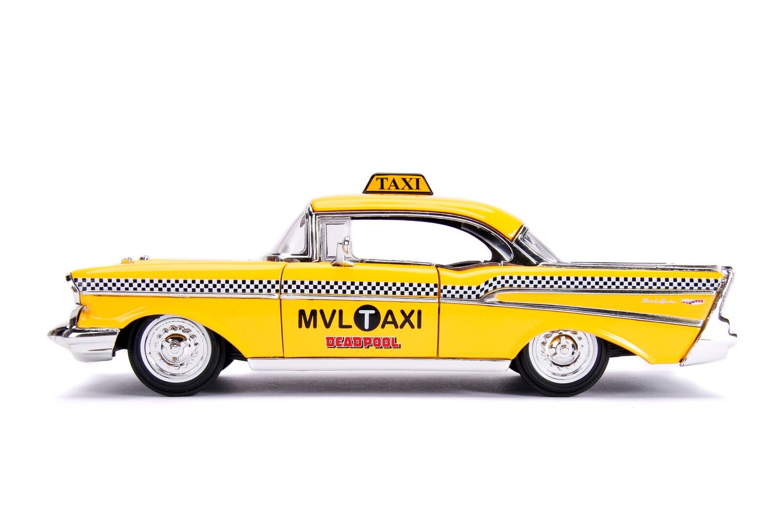 1957 Chevrolet Bel Air Taxi Yellow with Deadpool Diecast Figurine "Marvel" Series 1/24 Diecast Model Car by Jada - image 3