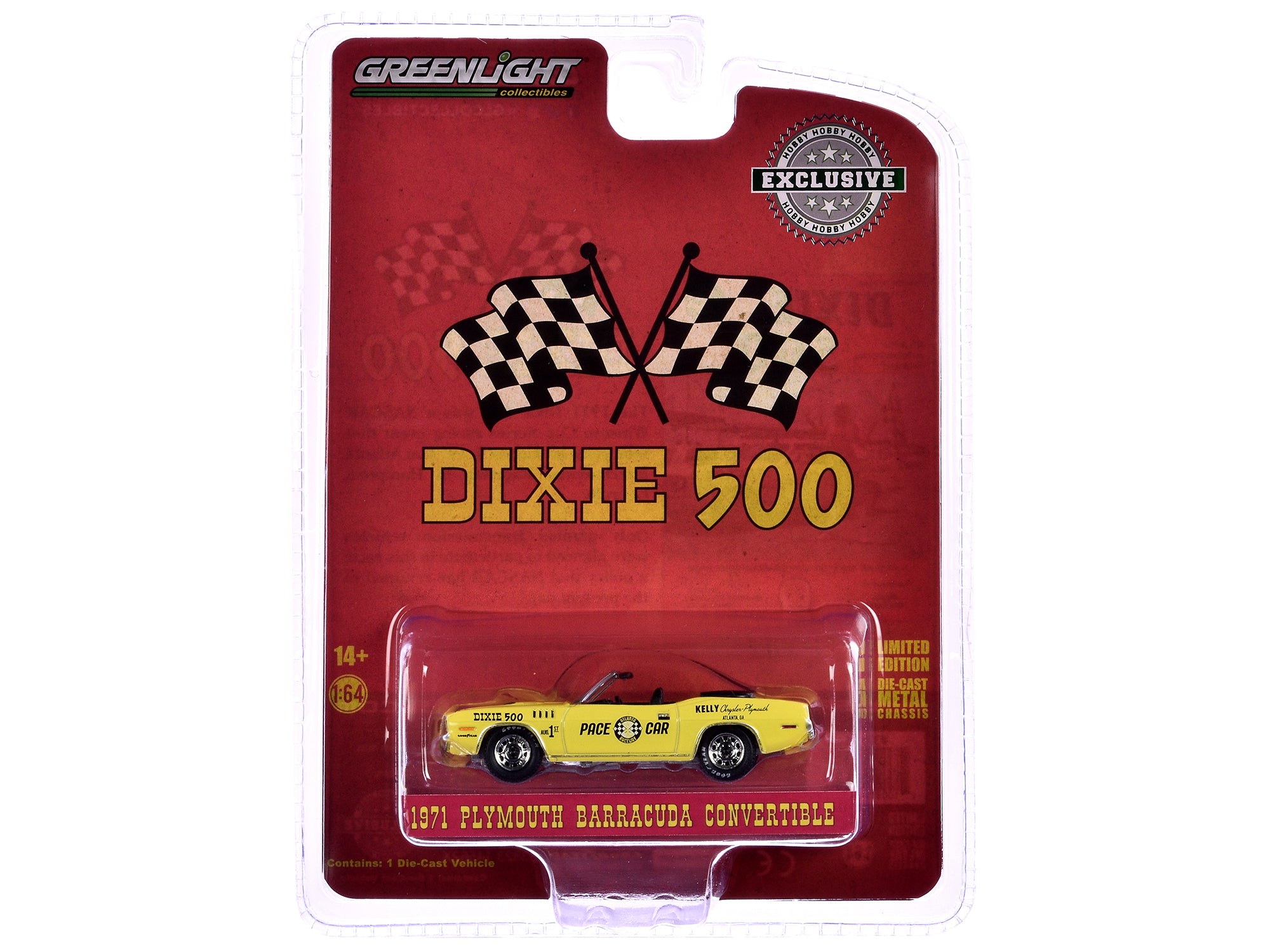 1971 Plymouth Barracuda Convertible "Dixie 500 Pace Car" Yellow "Hobby Exclusive" Series 1/64 Diecast Model Car by Greenlight - image 3