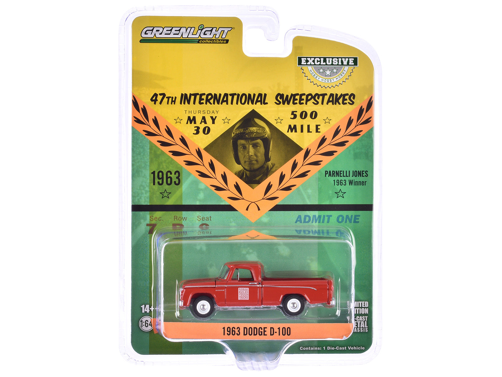 1963 Dodge D-100 Pickup Truck "47th International 500 Mile Sweepstakes - Indianapolis 500 Official Truck" Red "Hobby Exclusive" Series 1/64 Diecast Model Car by Greenlight - image 3
