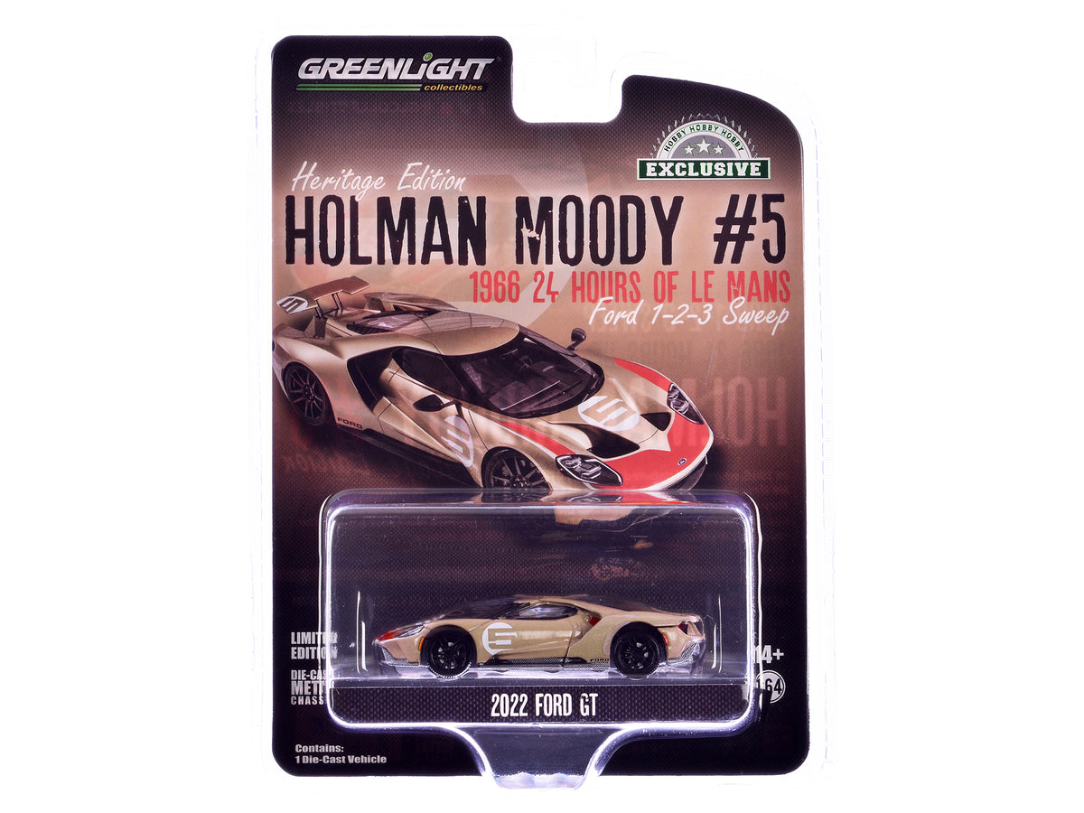 2022 Ford GT Heritage Edition #5 Holman-Moody "1966 24 Hours of Le Mans Ford 1-2-3 Sweep Tribute" Gold Metallic with Red Accents "Hobby Exclusive" Series 1/64 Diecast Model Car by Greenlight - image 3