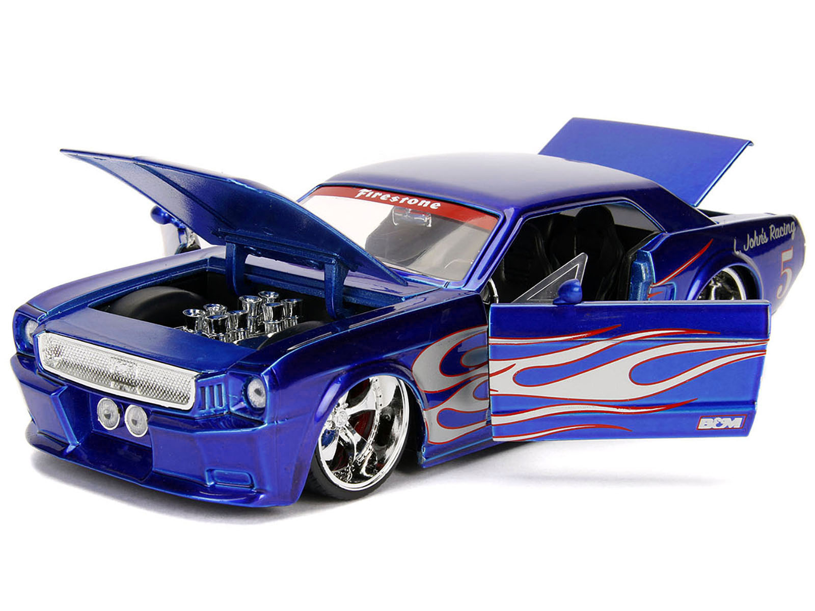 1965 Ford Mustang #5 "L. John's Racing" Candy Blue with Flame Graphics "Bigtime Muscle" Series 1/24 Diecast Model Car by Jada - image 4