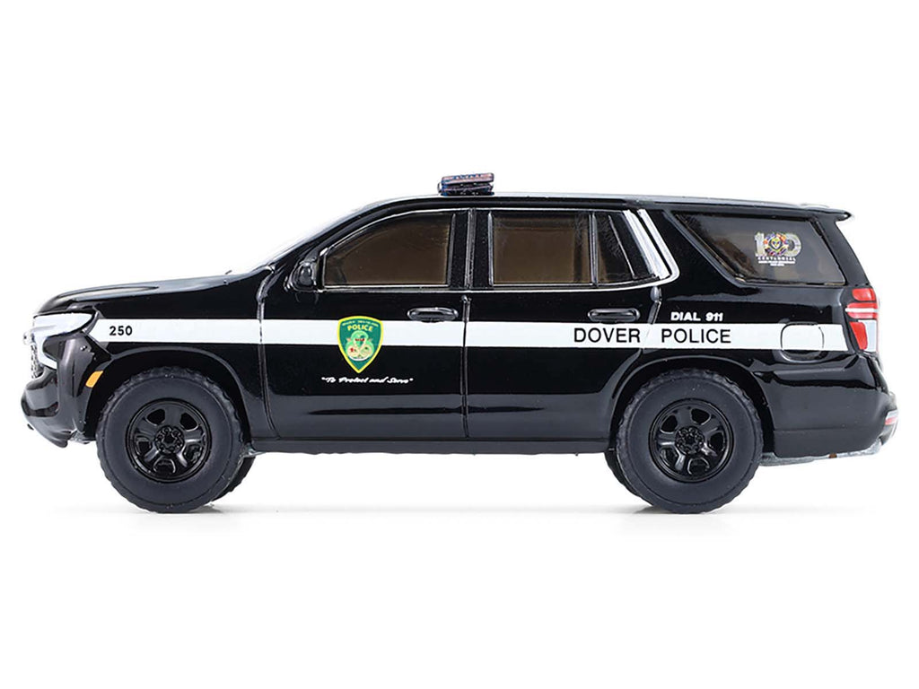 2024 Chevrolet Tahoe Police Pursuit Vehicle "Dover Police – 100th Anniversary Edition" Black with White Stripes "Hobby Exclusive" Series 1/64 Diecast Model Car by Greenlight - image 2