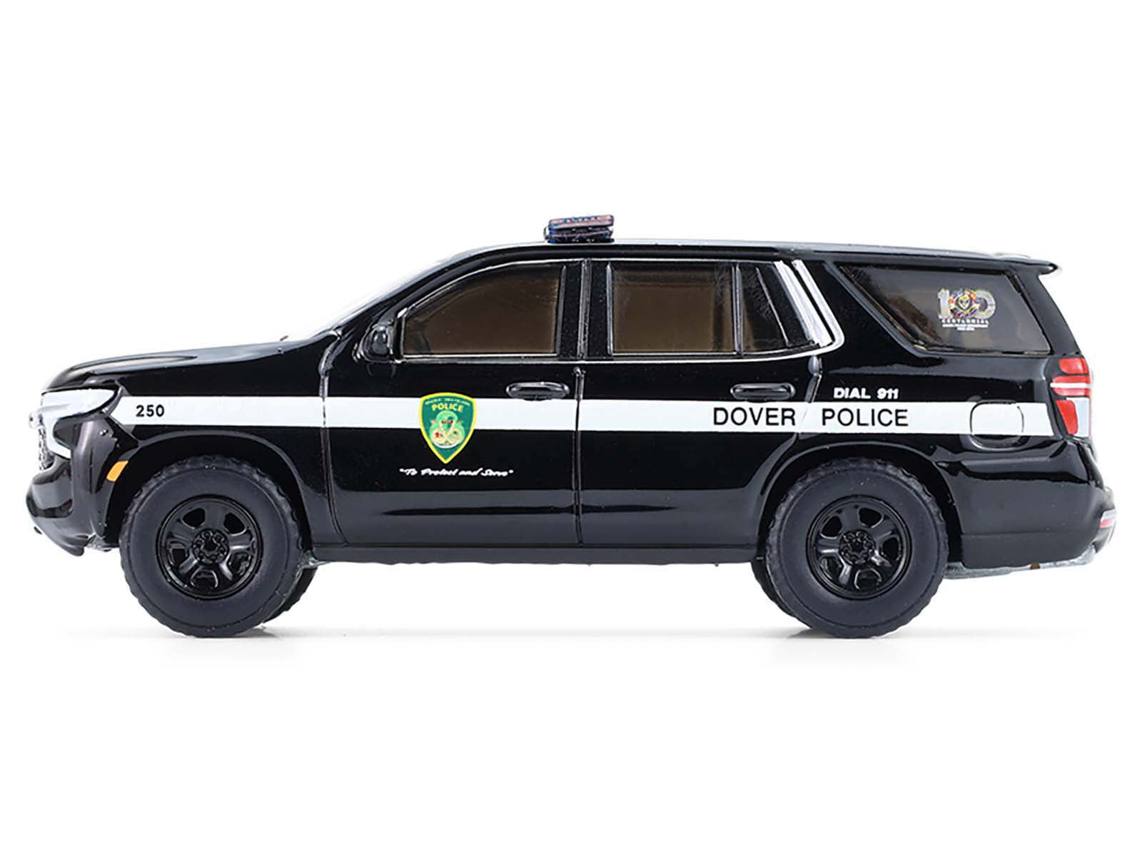 2024 Chevrolet Tahoe Police Pursuit Vehicle "Dover Police – 100th Anniversary Edition" Black with White Stripes "Hobby Exclusive" Series 1/64 Diecast Model Car by Greenlight - image 2