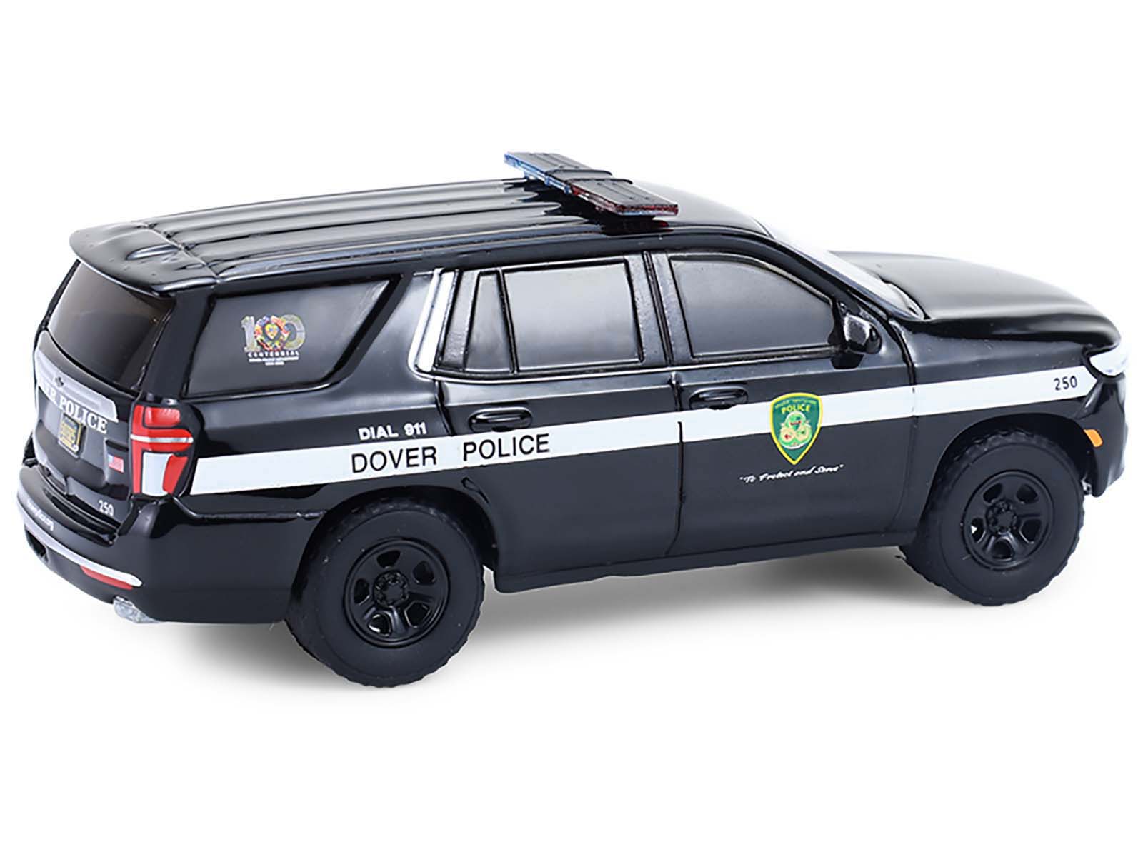 2024 Chevrolet Tahoe Police Pursuit Vehicle "Dover Police – 100th Anniversary Edition" Black with White Stripes "Hobby Exclusive" Series 1/64 Diecast Model Car by Greenlight - image 3