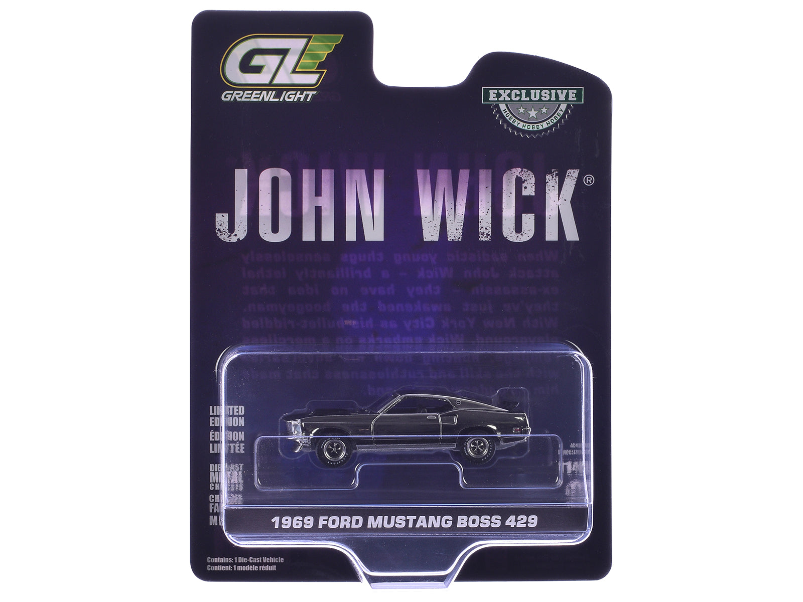 1969 Ford Mustang Boss 429 Silver Chrome Edition with Black Stripes "John Wick" (2014) Movie "Hobby Exclusive" Series 1/64 Diecast Model Car by Greenlight