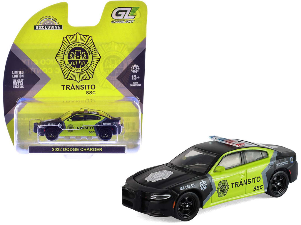 2022 Dodge Charger "SSC Mexico City Traffic Control Police" Black and Neon Green "Hobby Exclusive" Series 1/64 Diecast Model Car by Greenlight