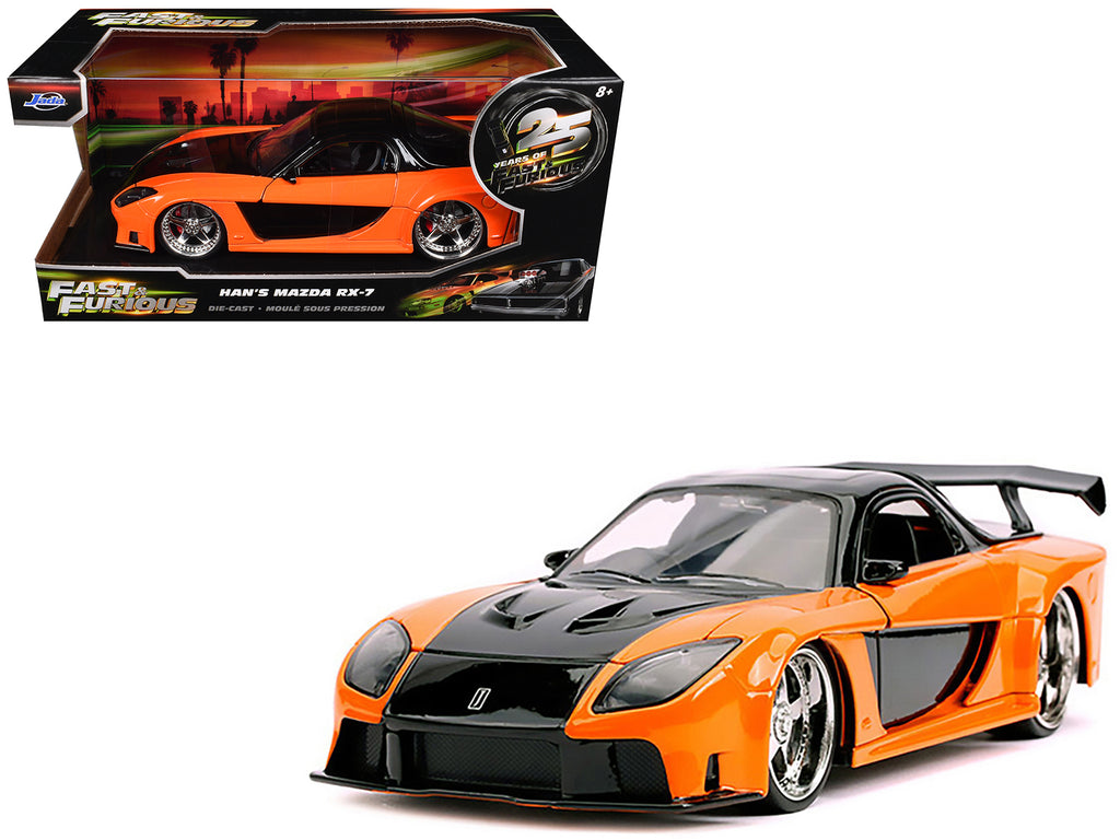 Han's Mazda RX-7 RHD (Right Hand Drive) Orange and Black "The Fast and the Furious: Tokyo Drift" (2006) Movie "25 Years of Fast & Furious" Series 1/24 Diecast Model Car by Jada
