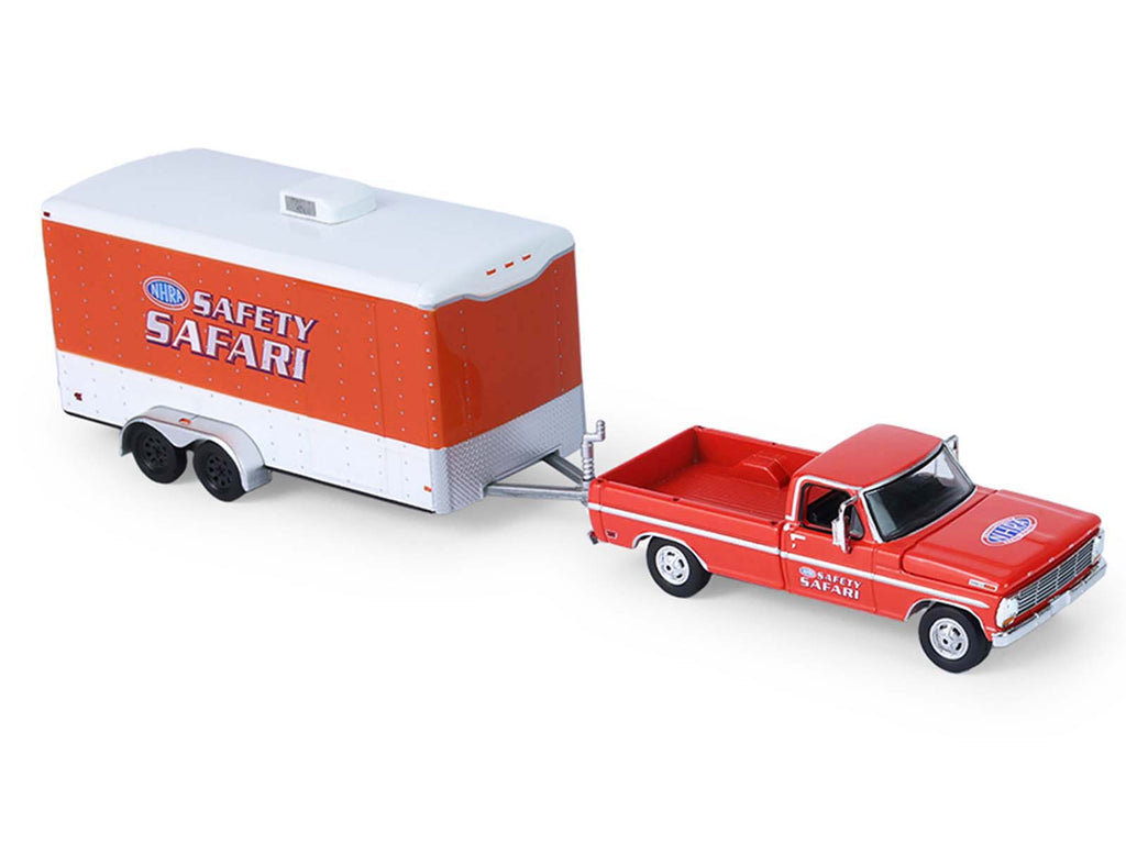 1969 Ford F-250 Pickup Truck Red and 1969 Chevrolet Camaro Z28 "Dan Fletcher" Orange with White Hood "NHRA Safety Team" with Enclosed Car Trailer "Racing Hitch & Tow" Series 6 1/64 Diecast Model Cars by Greenlight - image 3