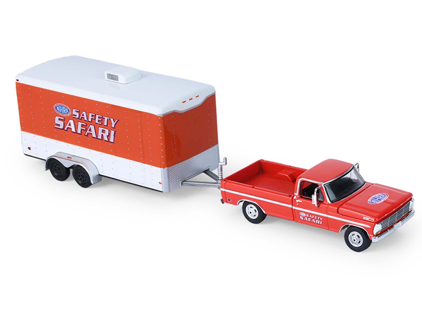 1969 Ford F-250 Pickup Truck Red and 1969 Chevrolet Camaro Z28 "Dan Fletcher" Orange with White Hood "NHRA Safety Team" with Enclosed Car Trailer "Racing Hitch & Tow" Series 6 1/64 Diecast Model Cars by Greenlight - image 3