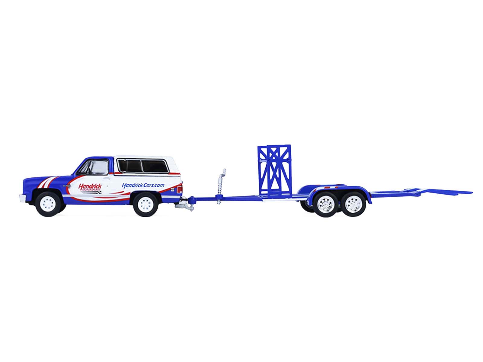 1986 Chevrolet K5 Blazer Blue and White and 1969 Chevrolet Camaro #5 Blue and White "Kyle Larson - Hendrick Motorsports" with Tandem Car Trailer "Racing Hitch & Tow" Series 6 1/64 Diecast Model Cars by Greenlight - image 2