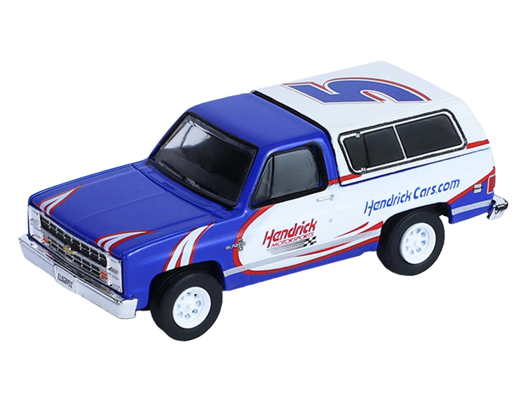 1986 Chevrolet K5 Blazer Blue and White and 1969 Chevrolet Camaro #5 Blue and White "Kyle Larson - Hendrick Motorsports" with Tandem Car Trailer "Racing Hitch & Tow" Series 6 1/64 Diecast Model Cars by Greenlight - image 5
