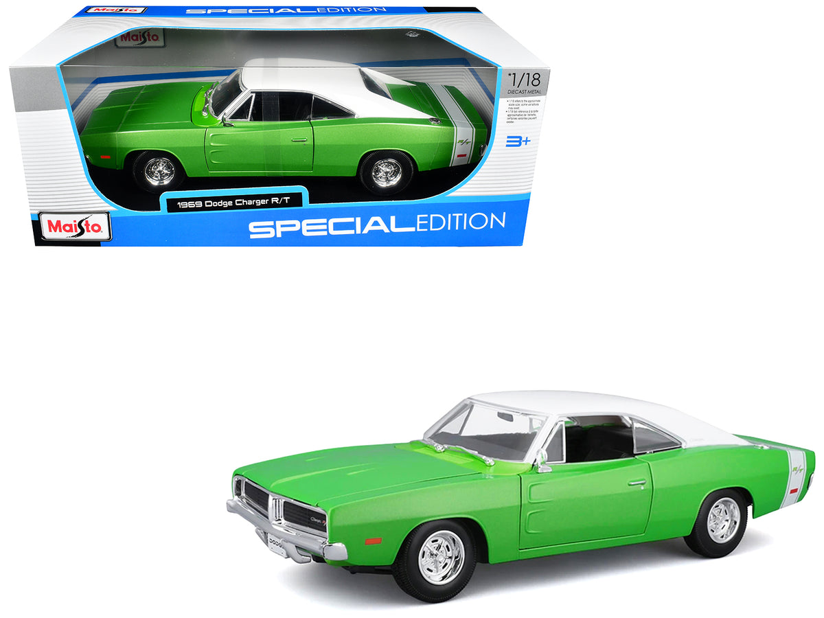 1969 Dodge Charger R/T Green Metallic with White Top and Tail Stripe "Special Edition" Series 1/18 Diecast Model Car by Maisto