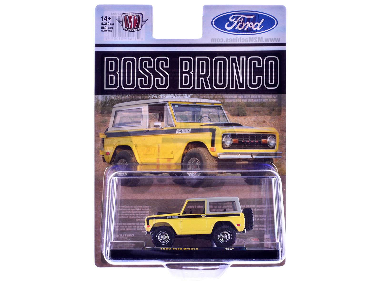 1969 Ford Bronco Yellow with Black Stripes and Gray Top Limited Edition to 6380 pieces Worldwide 1/64 Diecast Model Car by M2 Machines - image 3