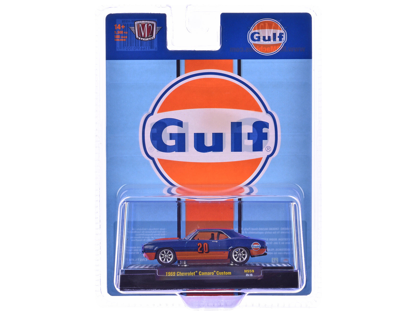 1969 Chevrolet Camaro Custom #20 "Gulf Oil" Dark Blue and Orange Limited Edition to 5500 pieces Worldwide 1/64 Diecast Model Car by M2 Machines - image 3