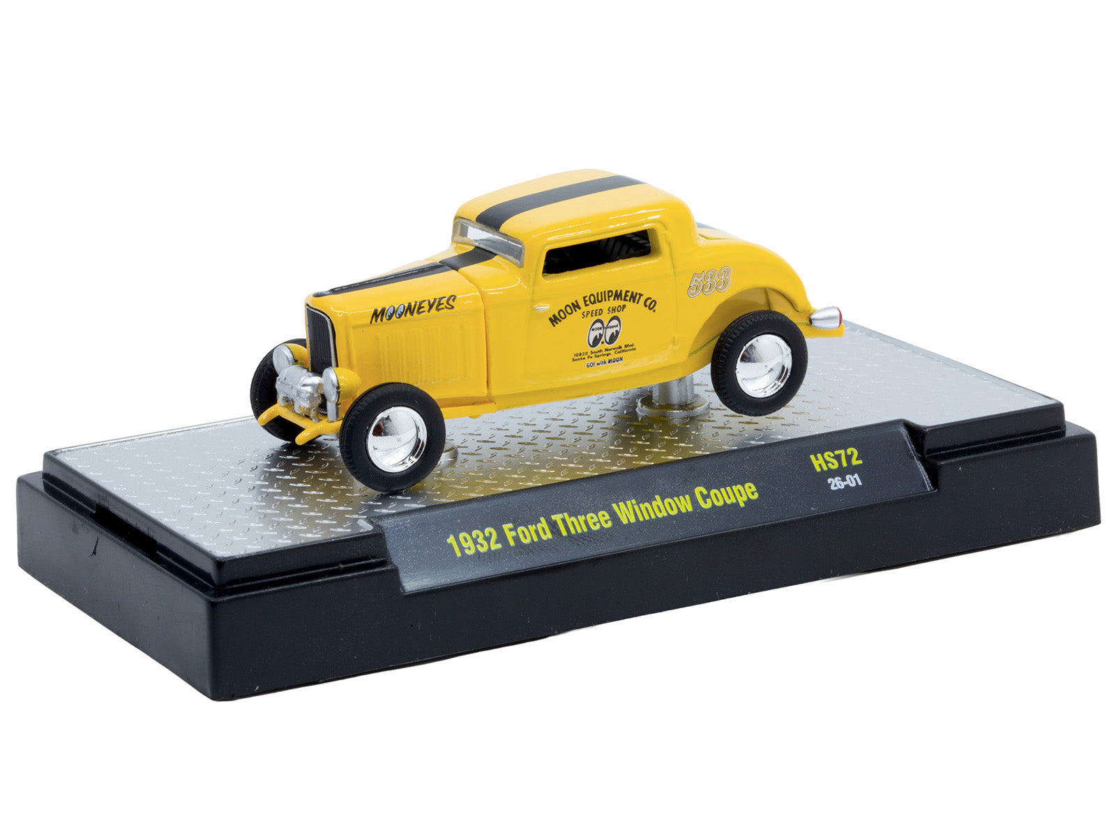 1932 Ford Three-Window Coupe "MoonEyes" Yellow with Black Stripe Limited Edition to 4400 pieces Worldwide 1/64 Diecast Model Car by M2 Machines - image 2