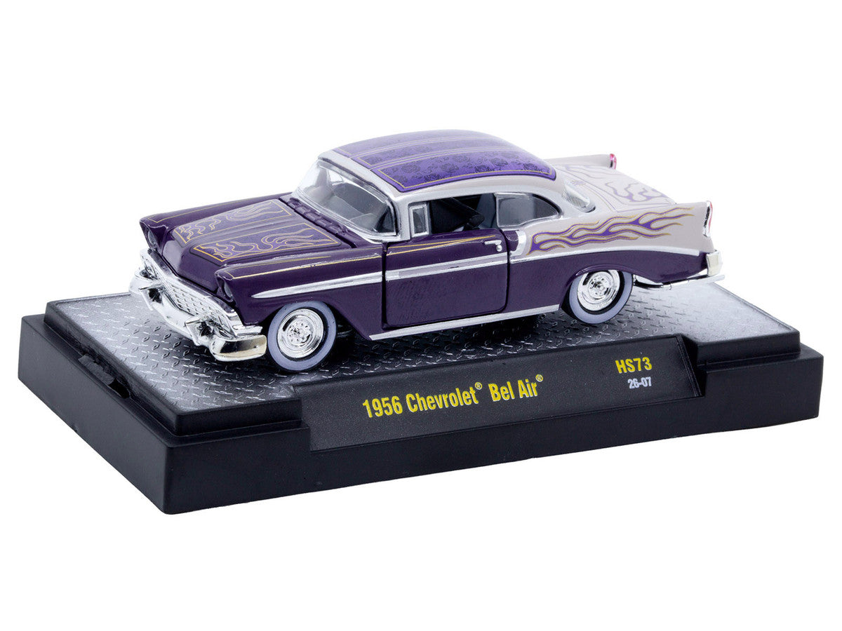 1956 Chevrolet Bel Air "Low and Slow" Purple Two-Tone with Graphics Limited Edition to 5500 pieces Worldwide 1/64 Diecast Model Car by M2 Machines