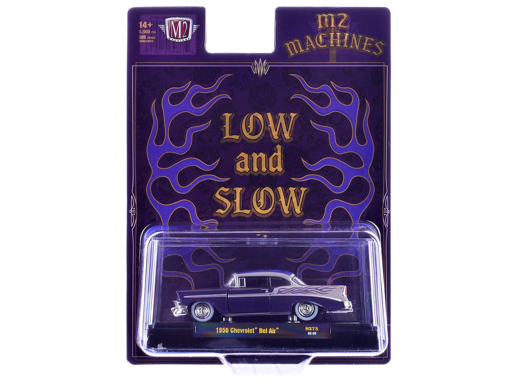 1956 Chevrolet Bel Air "Low and Slow" Purple Two-Tone with Graphics Limited Edition to 5500 pieces Worldwide 1/64 Diecast Model Car by M2 Machines
