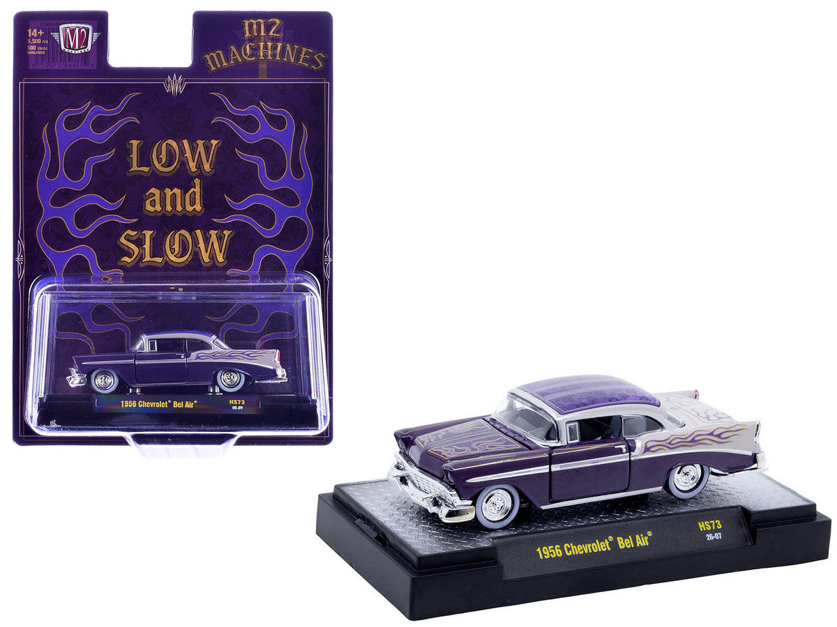 1956 Chevrolet Bel Air "Low and Slow" Purple Two-Tone with Graphics Limited Edition to 5500 pieces Worldwide 1/64 Diecast Model Car by M2 Machines
