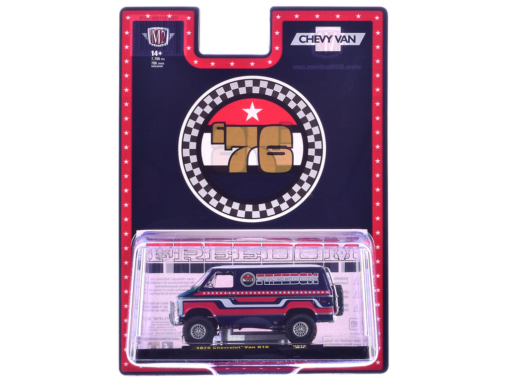 1976 Chevrolet G10 Van "Freedom '76" Dark Blue with White Top and Red and White Graphics Limited Edition to 7766 pieces 1/64 Diecast Model Car by M2 Machines