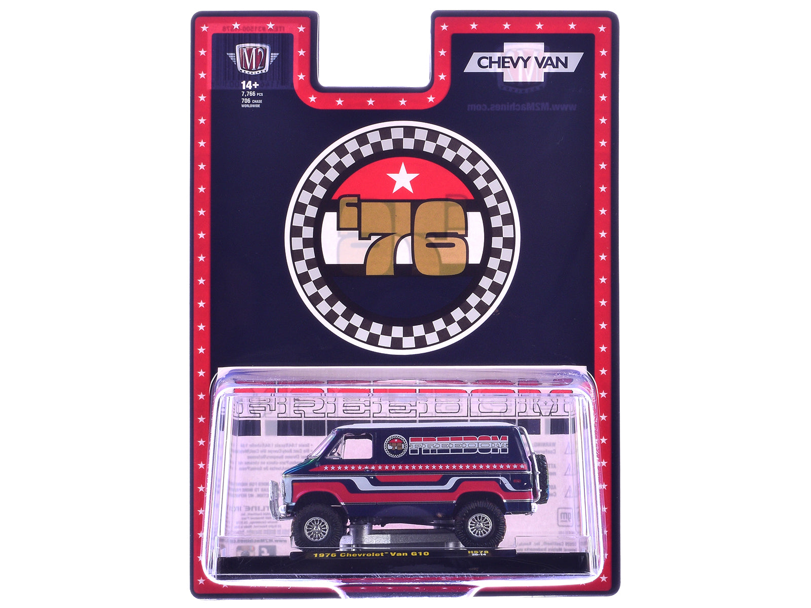 1976 Chevrolet G10 Van "Freedom '76" Dark Blue with White Top and Red and White Graphics Limited Edition to 7766 pieces 1/64 Diecast Model Car by M2 Machines