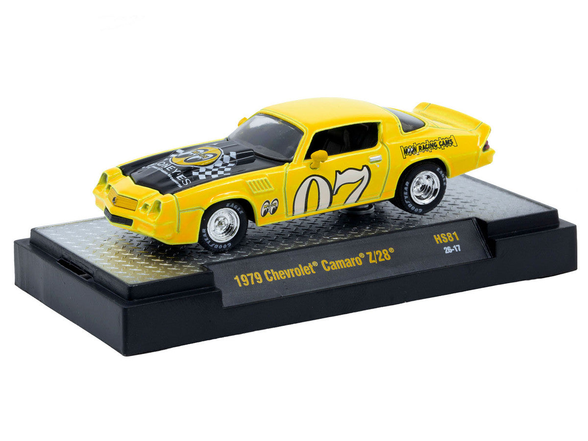 1979 Chevrolet Camaro Z/28 "MoonEyes" Yellow with Black Hood & Graphics Limited Edition 1/64 Diecast Model Car by M2 Machines