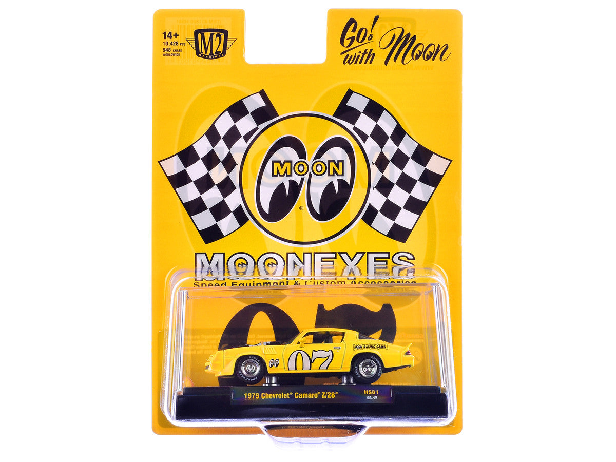 1979 Chevrolet Camaro Z/28 "MoonEyes" Yellow with Black Hood & Graphics Limited Edition 1/64 Diecast Model Car by M2 Machines