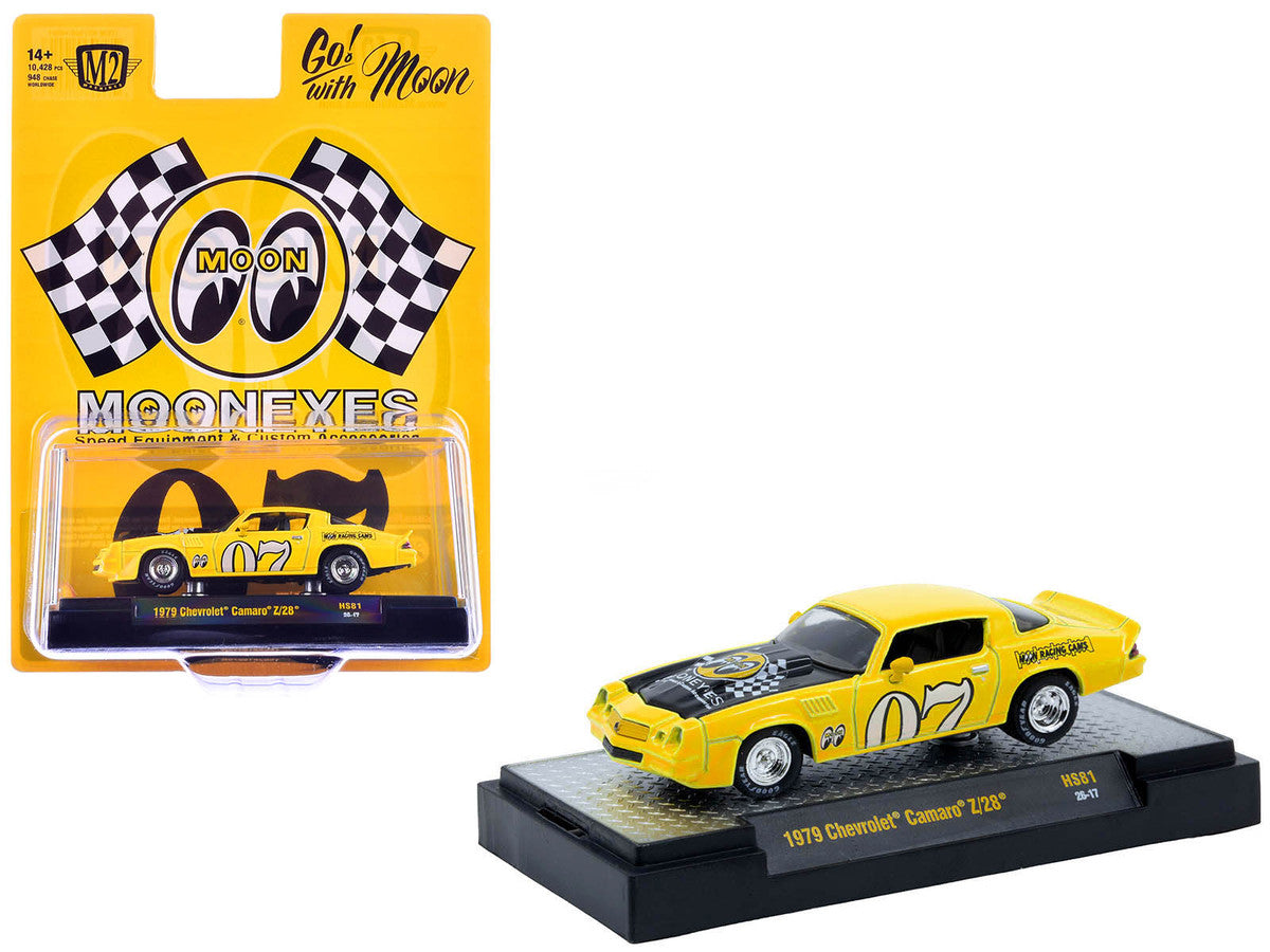1979 Chevrolet Camaro Z/28 "MoonEyes" Yellow with Black Hood & Graphics Limited Edition 1/64 Diecast Model Car by M2 Machines