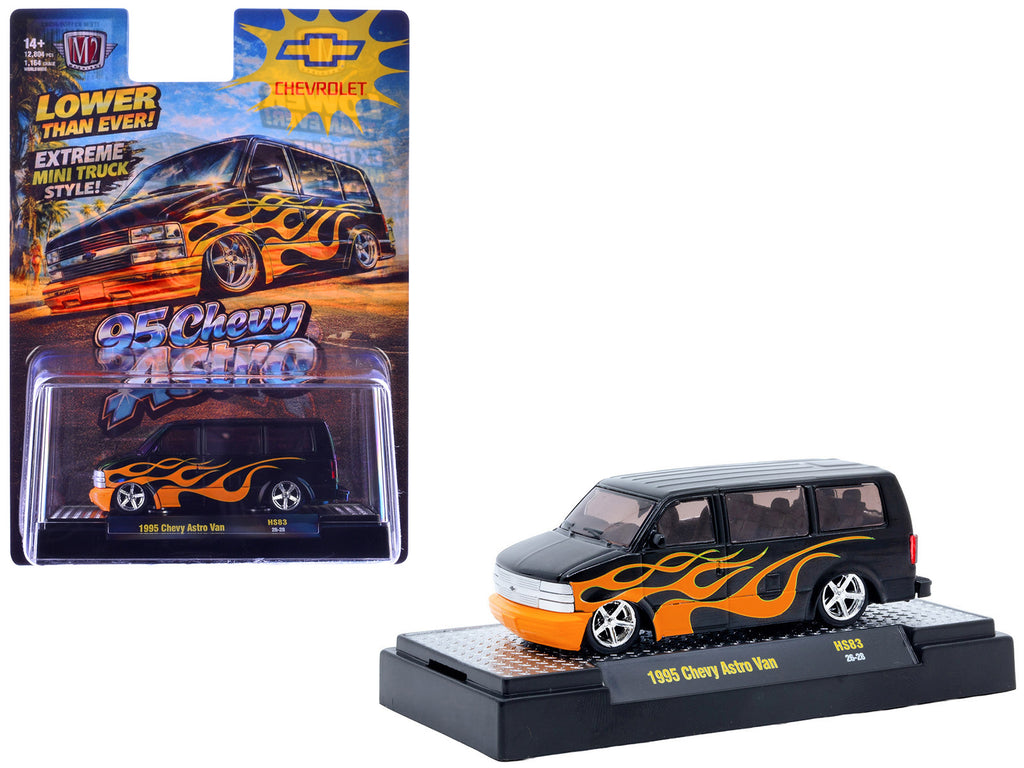 1995 Chevrolet Astro Van Black with Orange Flames Limited Edition to 12804 pieces Worldwide 1/64 Diecast Model Car by M2 Machines
