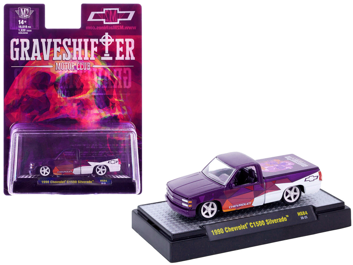 1990 Chevrolet C1500 Silverado Pickup Truck "Graveshifter Motor Club" Purple with Graphics and 3D Glasses Limited Edition to 18018 pieces Worldwide 1/64 Diecast Model Car by M2 Machines
