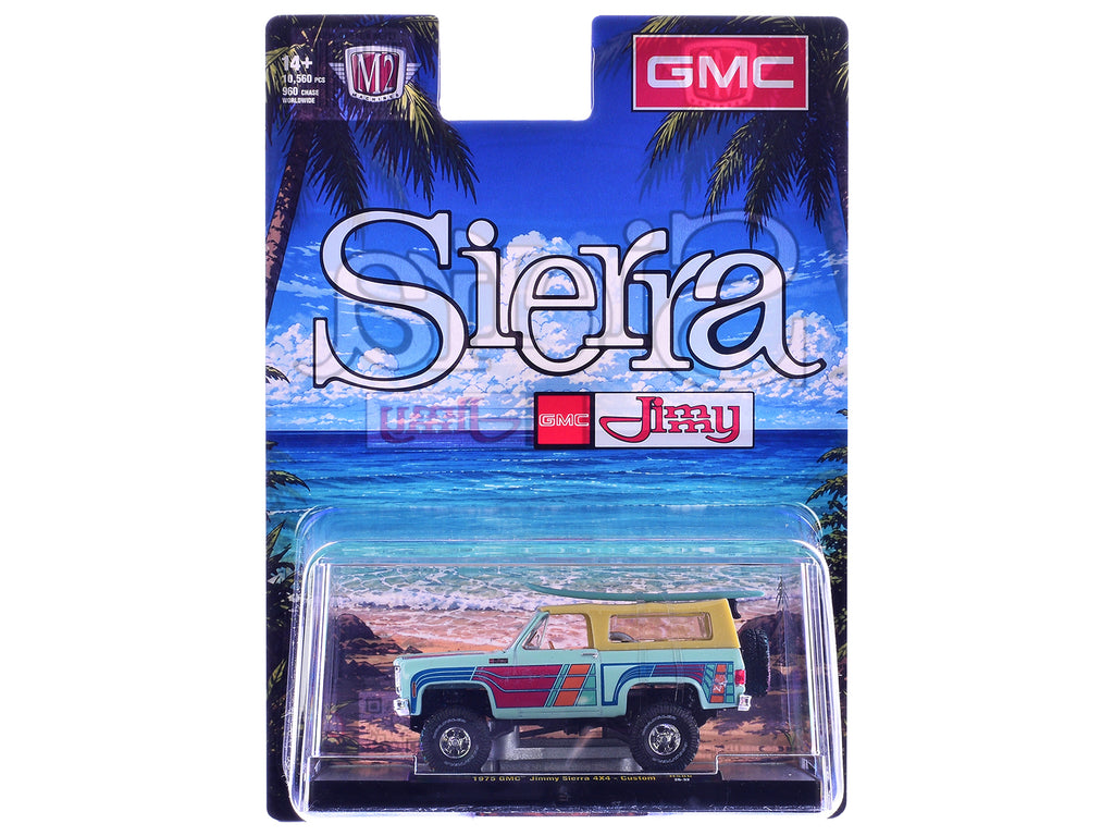 1975 GMC Jimmy Sierra 4x4 Light Blue with Graphics and Tan Top with Surfboard Limited Edition to 10560 pieces Worldwide 1/64 Diecast Model Car by M2 Machines - image 3
