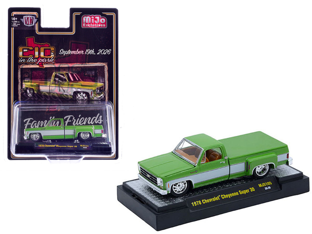 1978 Chevrolet Cheyenne Super 30 Pickup Truck Green Metallic with White Side Stripes "C10s in the Park" (2026) Limited Edition to 14300 pieces Worldwide 1/64 Diecast Model Car by M2 Machines
