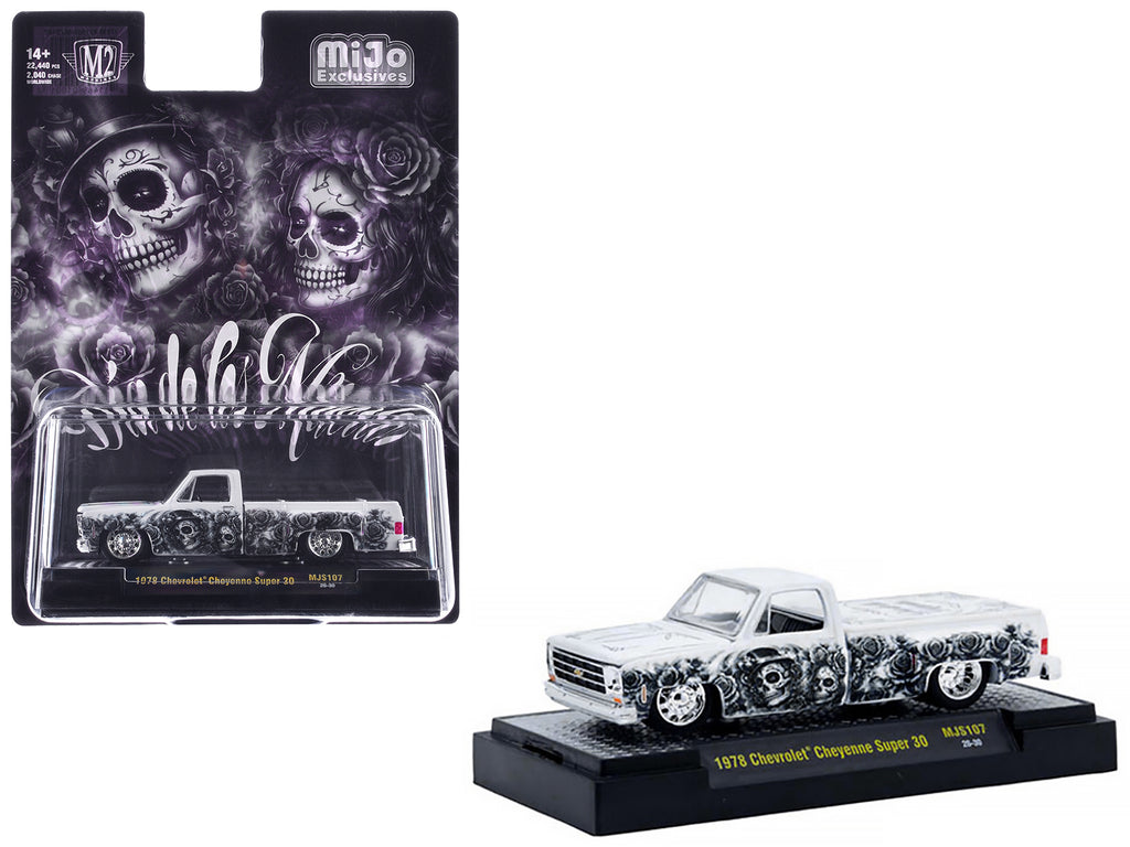 1978 Chevrolet Cheyenne Super 30 Pickup Truck "Dia De Los Muertos" White with Graphics Limited Edition to 10560 pieces Worldwide 1/64 Diecast Model Car by M2 Machines