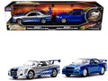 Brian's Nissan Skyline GT-R (BNR34) Silver with Blue Stripes and Nissan GT-R (BNR34) Blue Metallic Set of 2 pieces "25 Years of Fast & Furious" Series 1/32 Diecast Model Cars by Jada