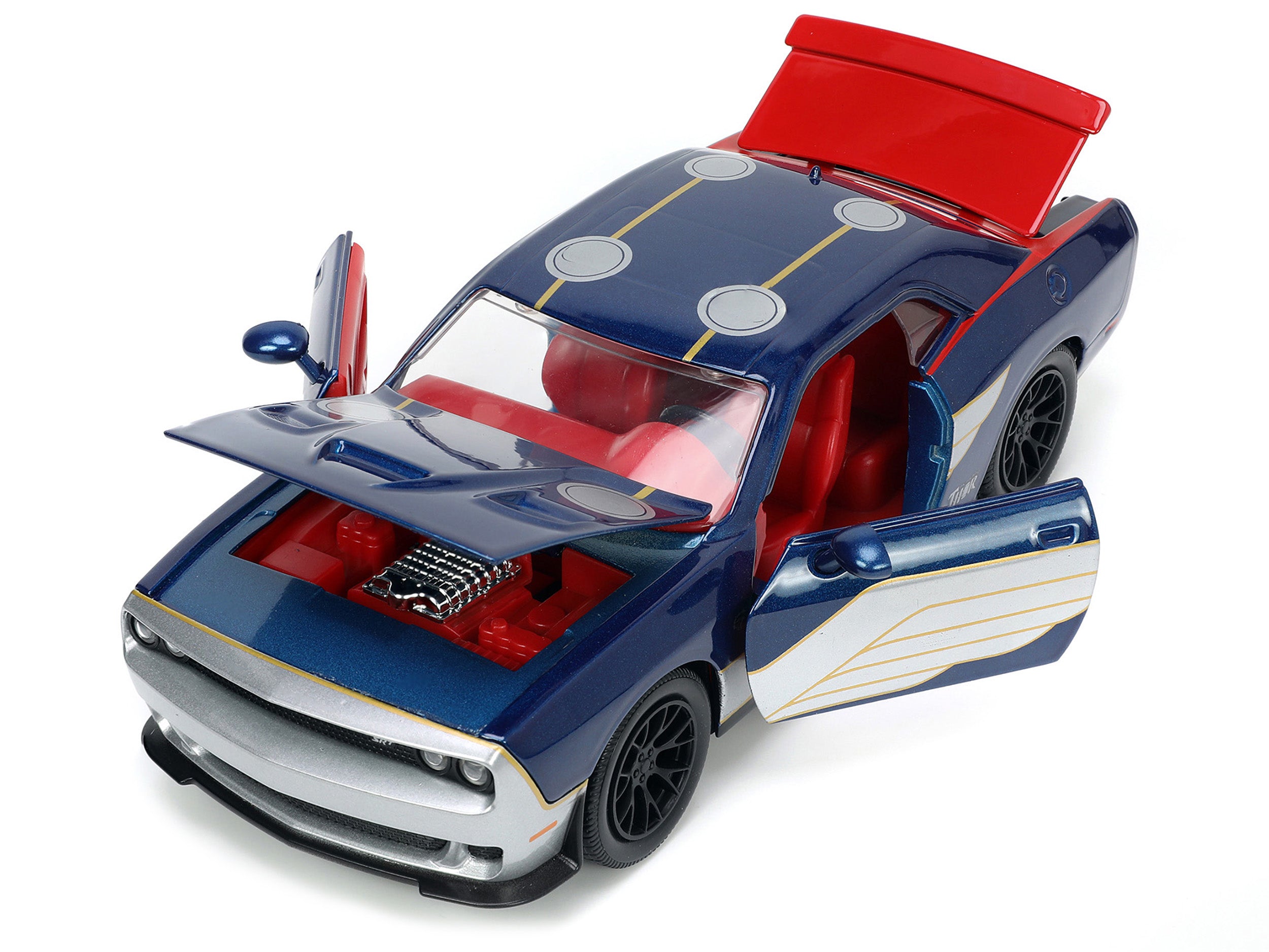 2015 Dodge Challenger SRT Hellcat Dark Blue with Graphics and Red Interior and Thor Diecast Figure "The Mighty Thor" "Marvel" Series 1/24 Diecast Model Car by Jada - image 2