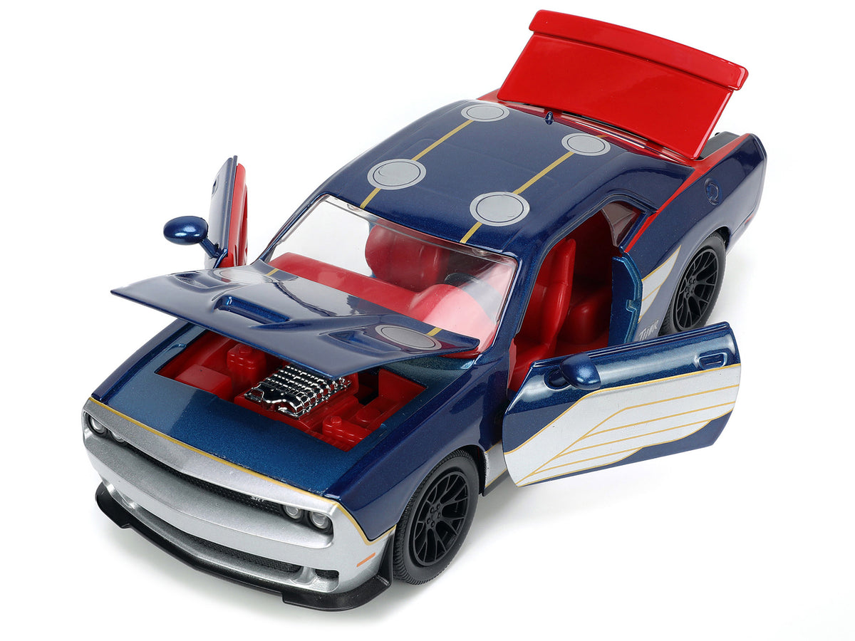 2015 Dodge Challenger SRT Hellcat Dark Blue with Graphics and Red Interior and Thor Diecast Figure "The Mighty Thor" "Marvel" Series 1/24 Diecast Model Car by Jada - image 2