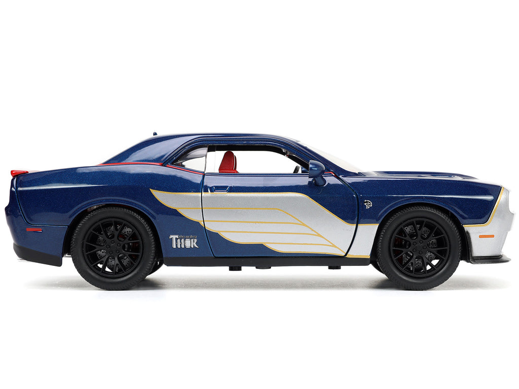 2015 Dodge Challenger SRT Hellcat Dark Blue with Graphics and Red Interior and Thor Diecast Figure "The Mighty Thor" "Marvel" Series 1/24 Diecast Model Car by Jada - image 3