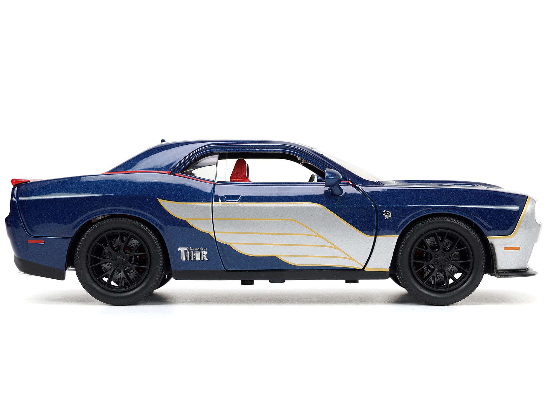 2015 Dodge Challenger SRT Hellcat Dark Blue with Graphics and Red Interior and Thor Diecast Figure "The Mighty Thor" "Marvel" Series 1/24 Diecast Model Car by Jada - image 3