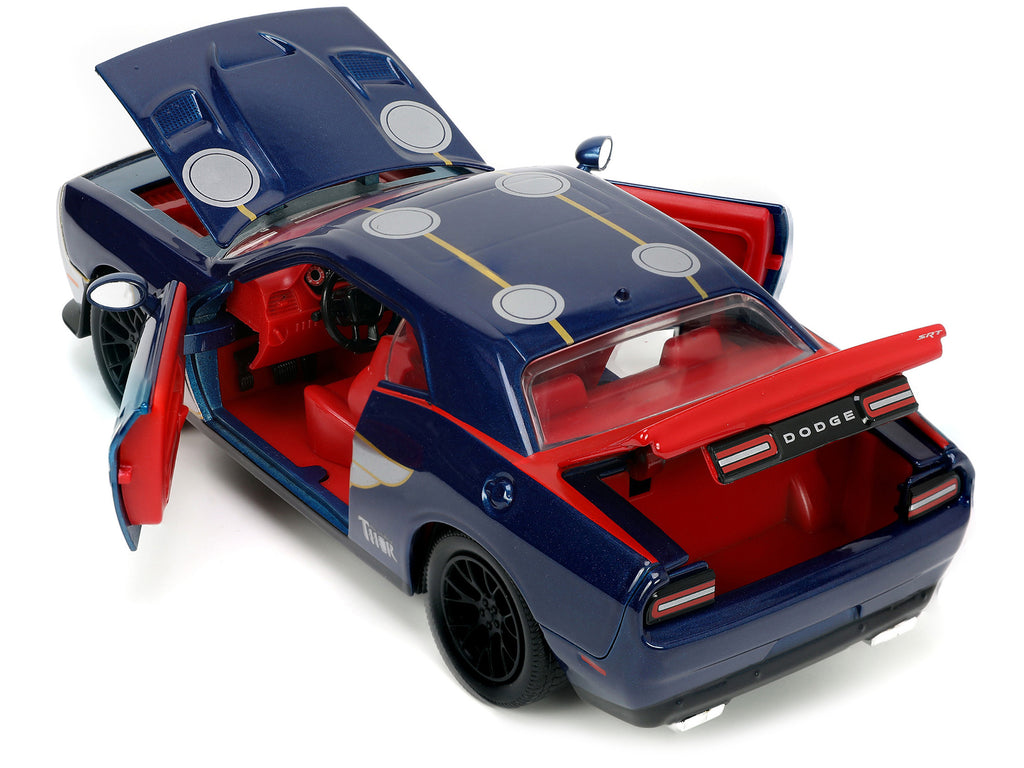 2015 Dodge Challenger SRT Hellcat Dark Blue with Graphics and Red Interior and Thor Diecast Figure "The Mighty Thor" "Marvel" Series 1/24 Diecast Model Car by Jada - image 4