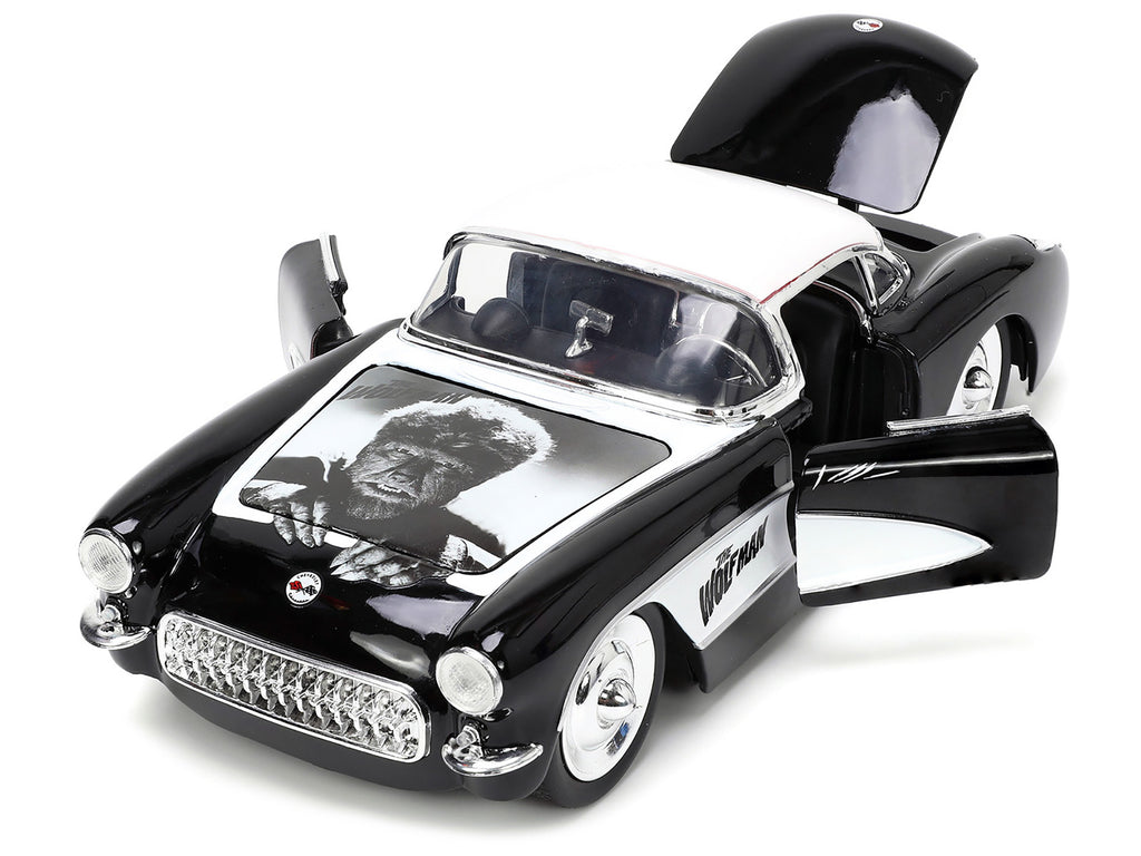 1957 Chevrolet Corvette Black with White Top and Wolfman Diecast Figure "Universal Monsters" "Hollywood Rides" Series 1/24 Diecast Model Car by Jada - image 2
