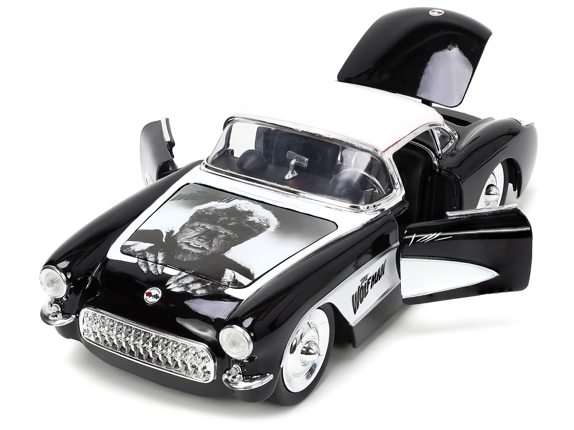 1957 Chevrolet Corvette Black with White Top and Wolfman Diecast Figure "Universal Monsters" "Hollywood Rides" Series 1/24 Diecast Model Car by Jada - image 2