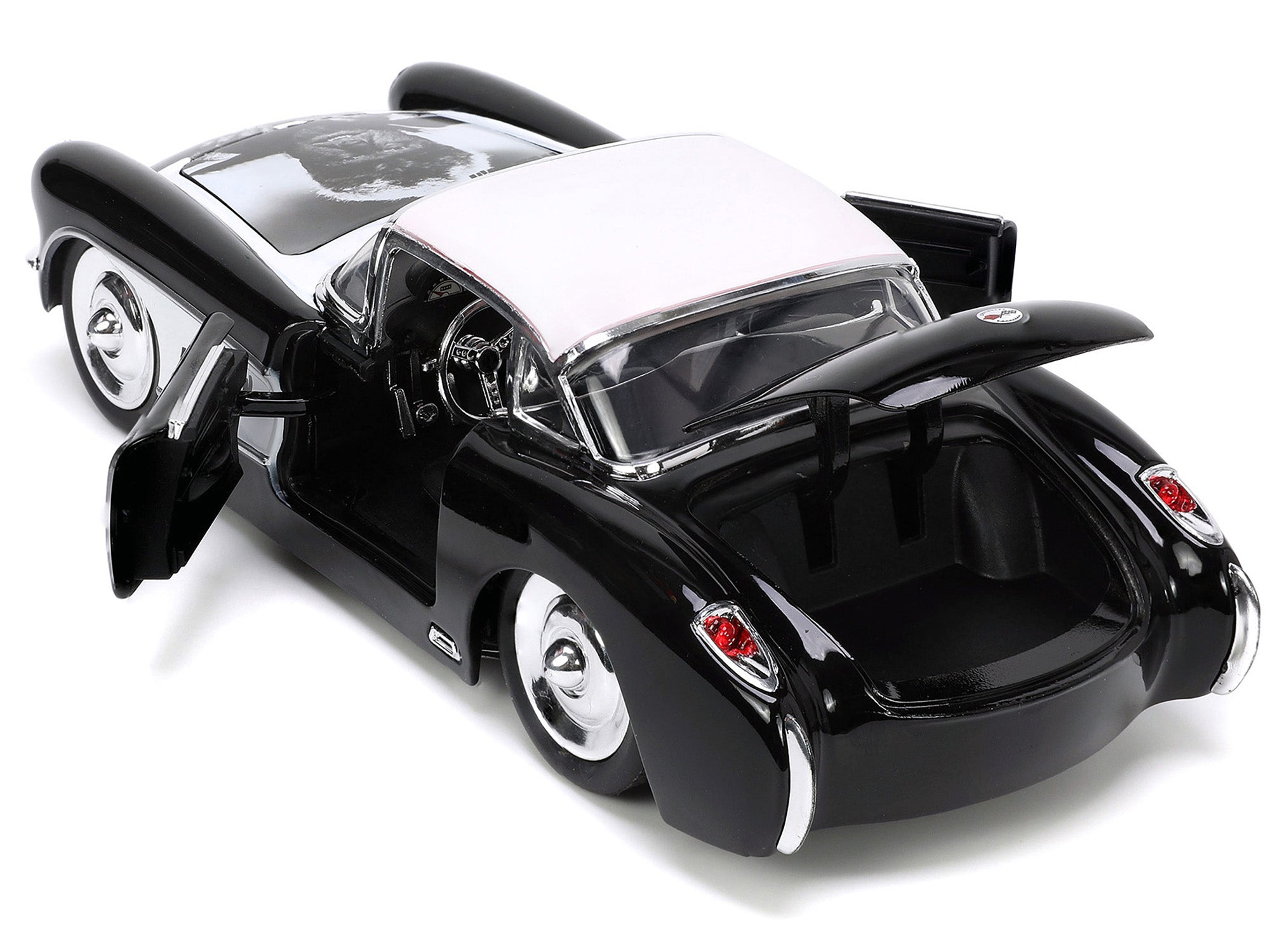 1957 Chevrolet Corvette Black with White Top and Wolfman Diecast Figure "Universal Monsters" "Hollywood Rides" Series 1/24 Diecast Model Car by Jada - image 4
