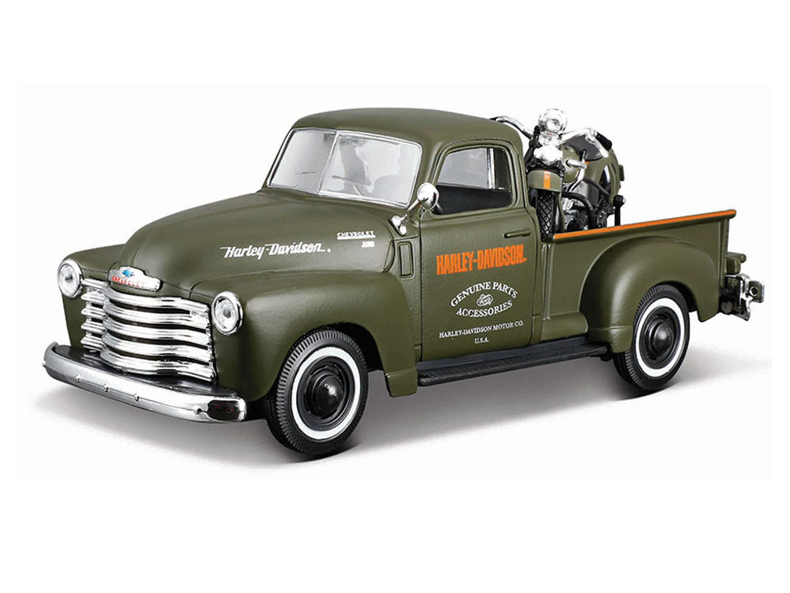 1950 Chevrolet 3100 Pickup Truck "Harley Davidson" Matt Green with 1936 Harley Davidson El Knucklehead Motorcycle Matt Green "HD Custom" Series 1/24 Diecast Model Car by Maisto