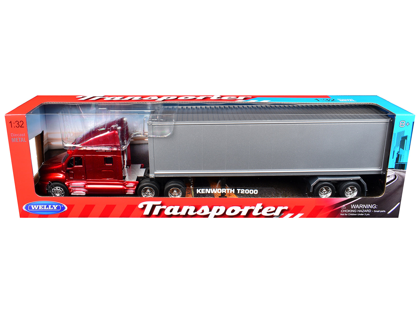 Kenworth T2000 Truck Red Metallic with Gray Container "Transporter" Series 1/32 Diecast Model by Welly - image 3