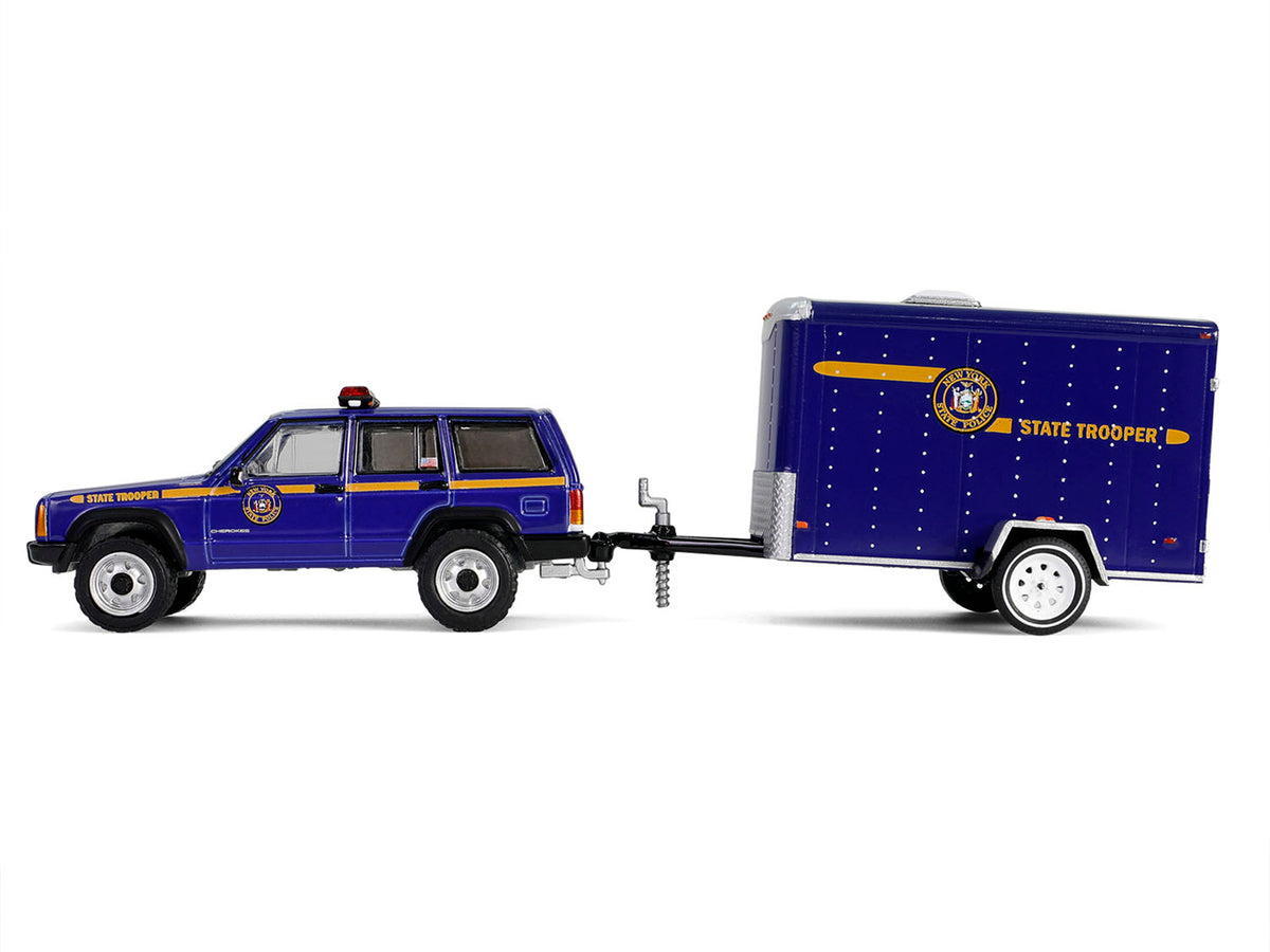 2001 Jeep Cherokee "New York State Police" Blue with Yellow Stripes and Small Cargo Trailer "Hot Pursuit Hitch & Tow" Series 1 1/64 Diecast Model Cars by Greenlight - image 2