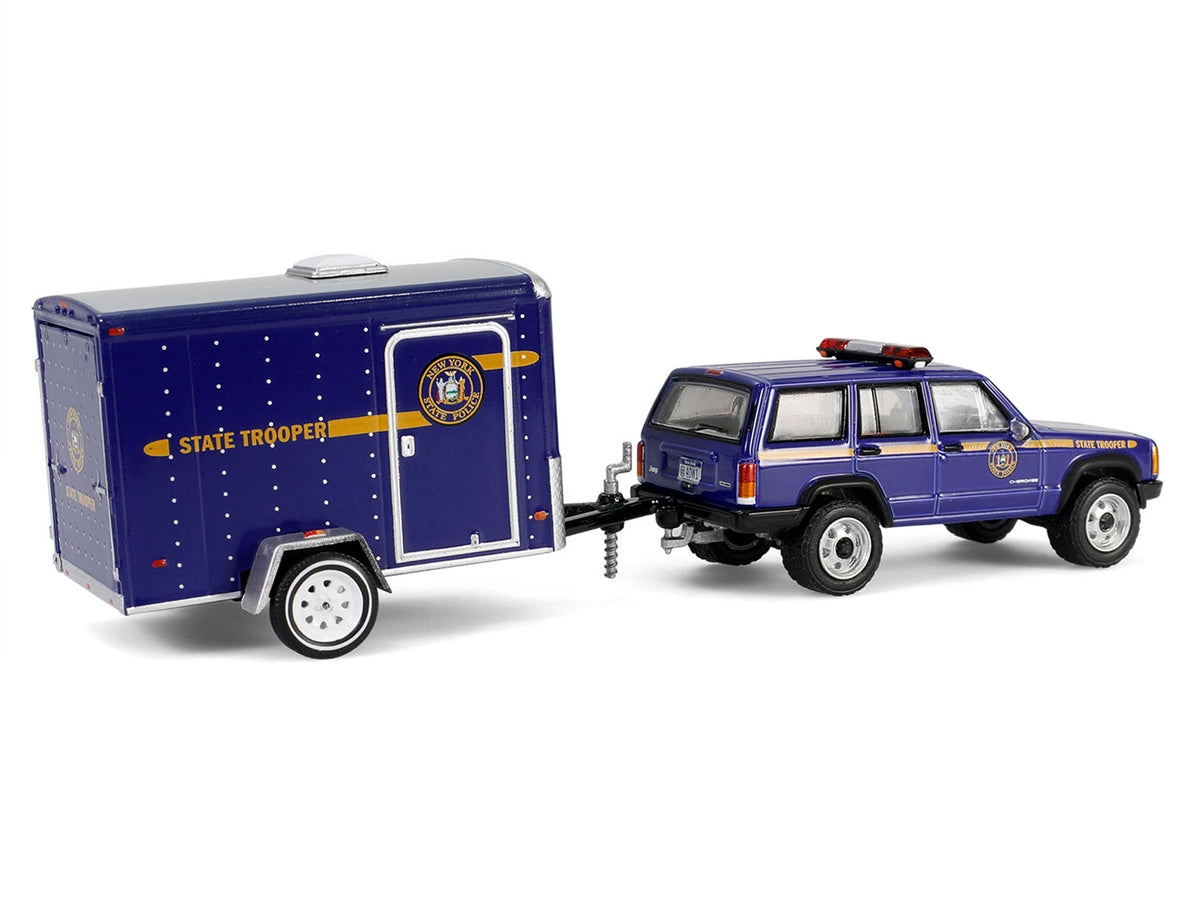 2001 Jeep Cherokee "New York State Police" Blue with Yellow Stripes and Small Cargo Trailer "Hot Pursuit Hitch & Tow" Series 1 1/64 Diecast Model Cars by Greenlight - image 3