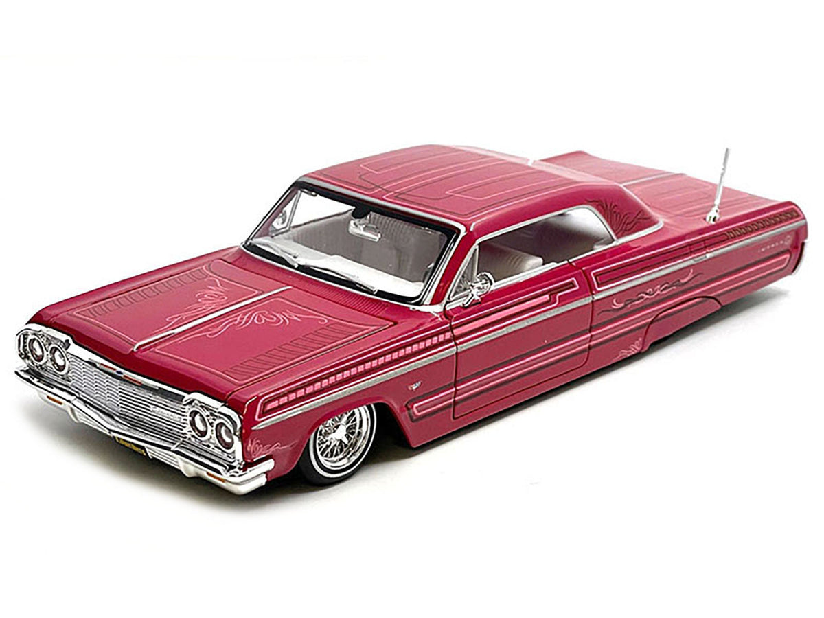 1964 Chevrolet Impala SS Lowrider Pink with Graphics and White Interior "Lowriders" "Maisto Design" Series 1/26 Diecast Model Car by Maisto - image 3