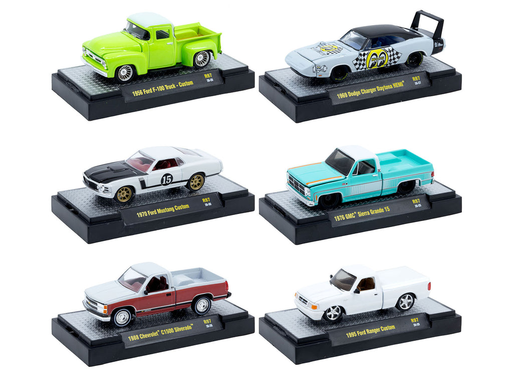"Auto Meets" Set of 6 Cars IN DISPLAY CASES Release 97 Limited Edition 1/64 Diecast Model Cars by M2 Machines