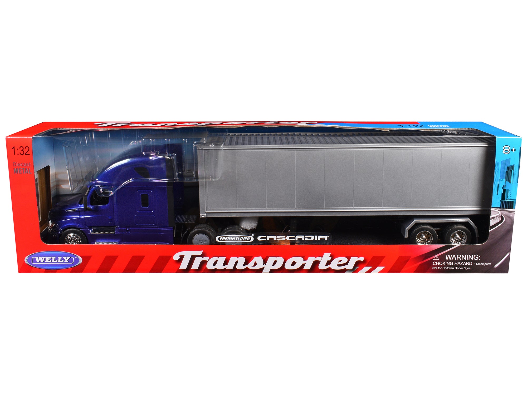 Freightliner Cascadia Truck Blue Metallic with Gray Container "Transporter" Series 1/32 Diecast Model by Welly - image 3
